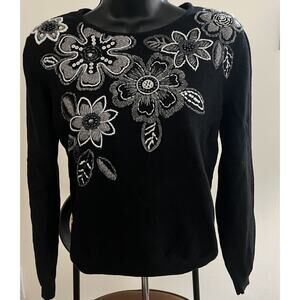 Ladies ALFRED DUNNER Black Floral Embroidered Beaded Sweater Size PS